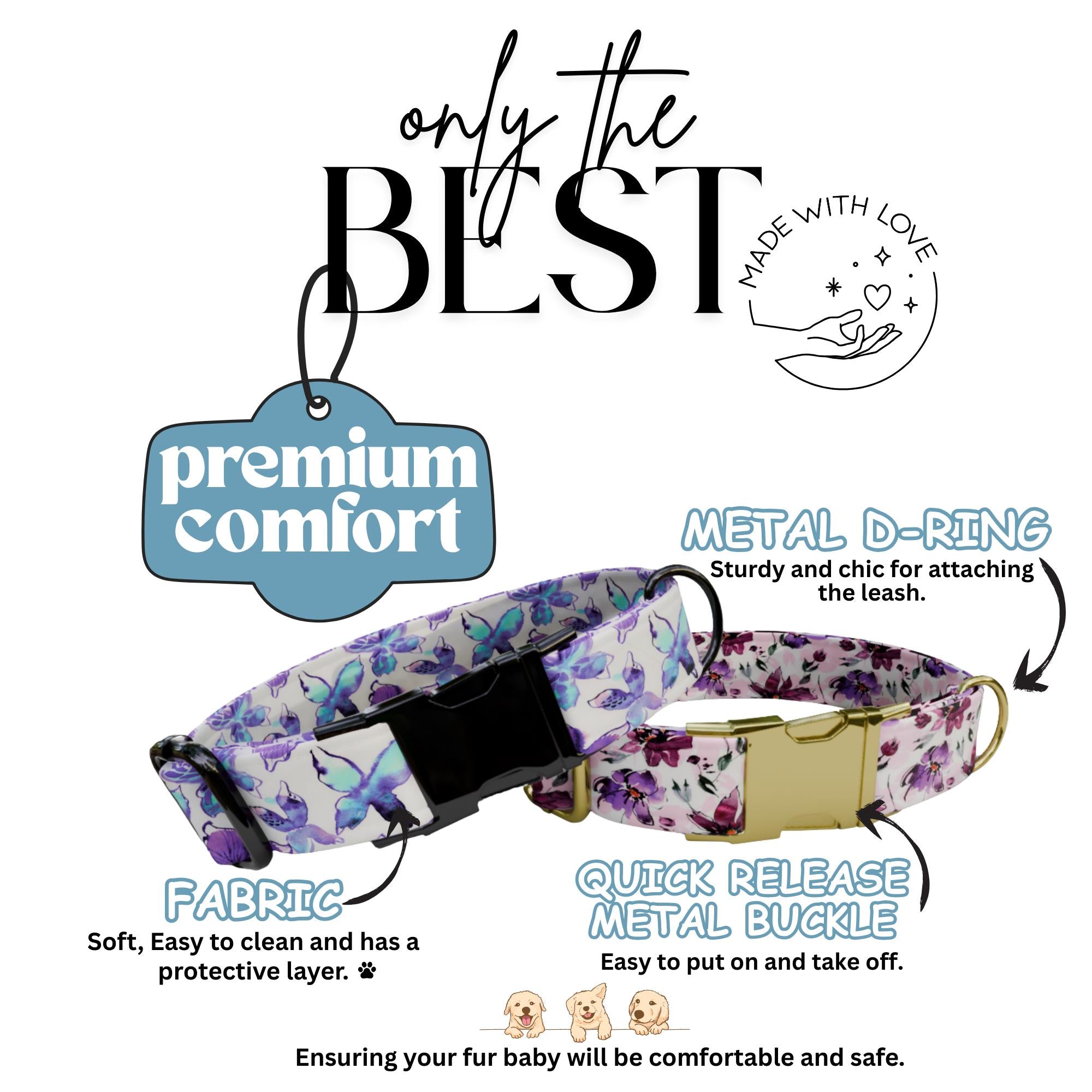 Purple Bloom Dreams Personalized Dog Collar  Floral Watercolor Design, Custom Name & Number, Metal Buckle (OG-420)
