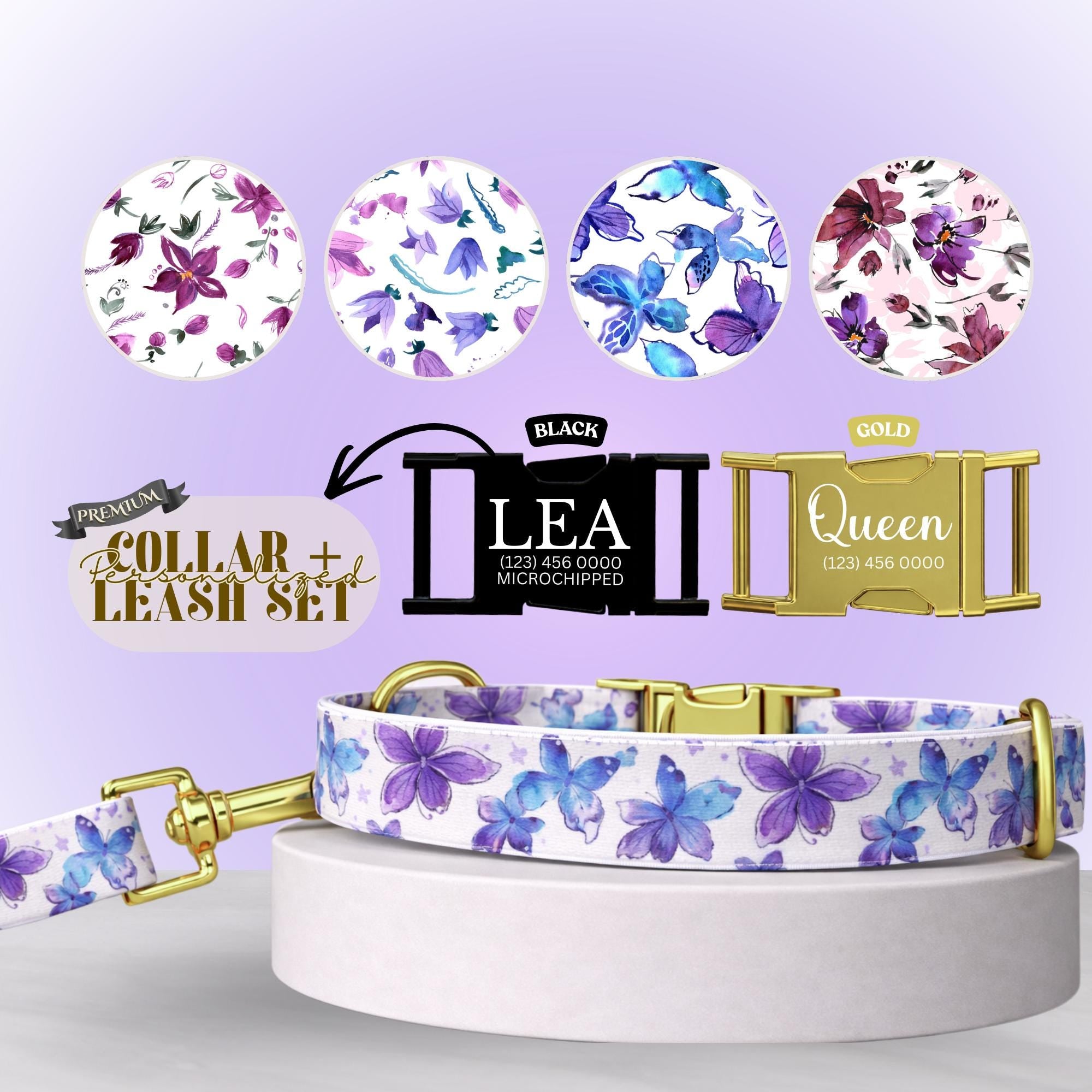 Purple Bloom Dreams Personalized Dog Collar  Floral Watercolor Design, Custom Name & Number, Metal Buckle (OG-420)