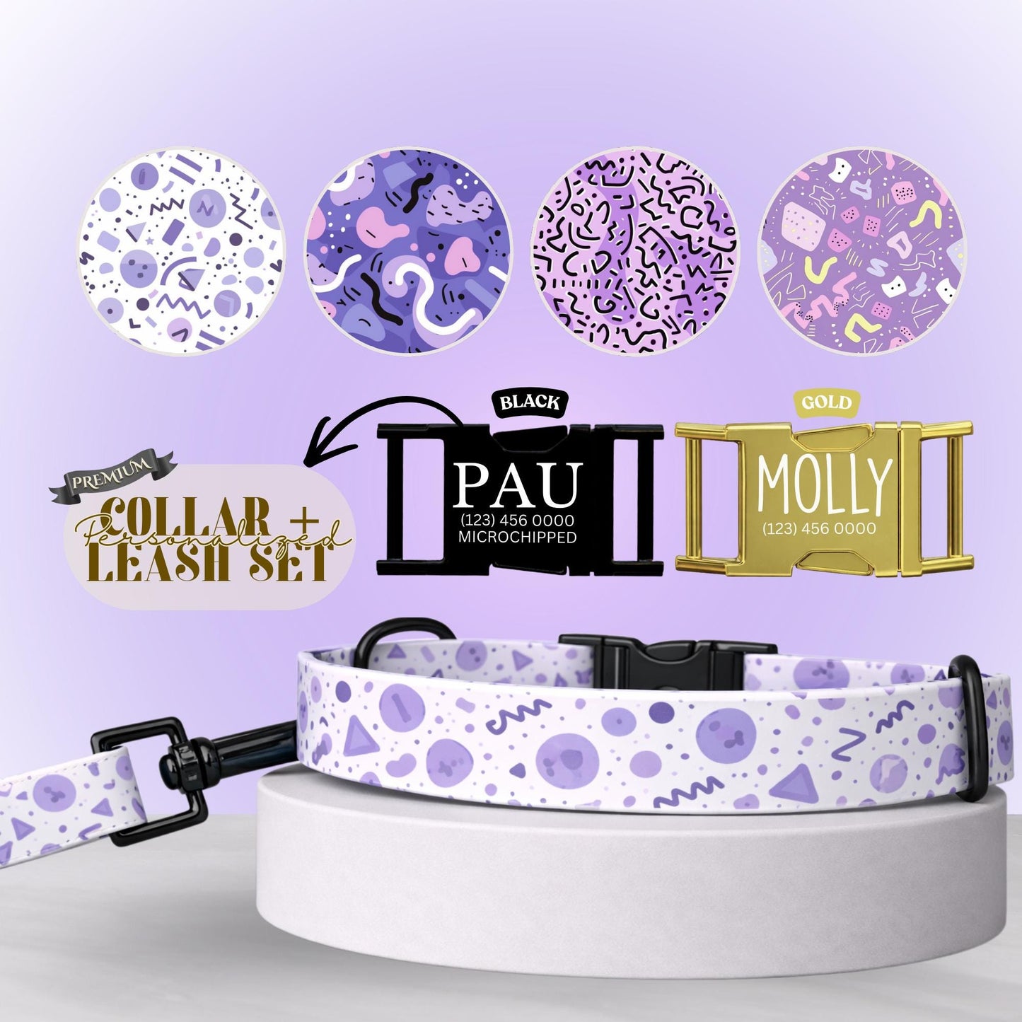 Purple Pop Memphis Dog Collar  Personalized Lavender Abstract Collar Custom Name & Number (OG-421)
