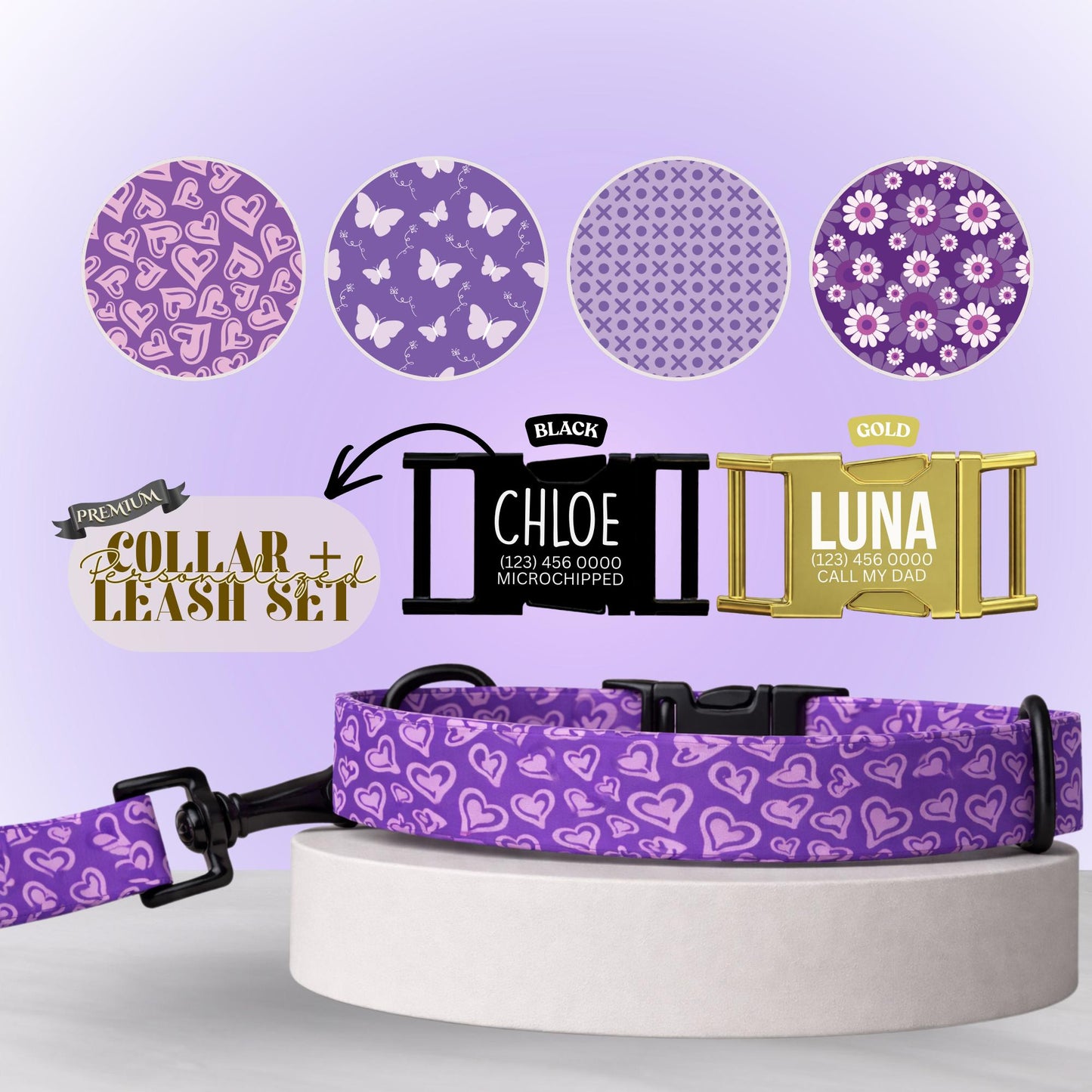 Purple Dog Collar, Hearts, Butterflies & Florals, Custom Metal Buckle (OG-419)