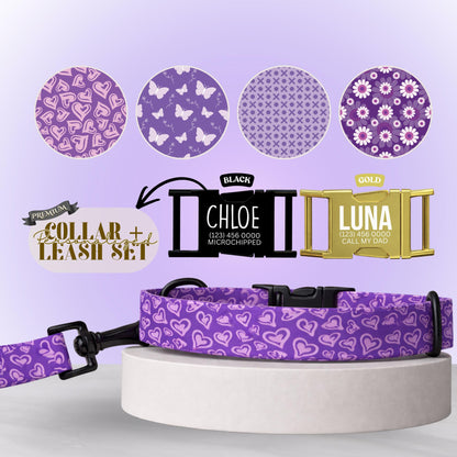 Purple Dog Collar, Hearts, Butterflies & Florals, Custom Metal Buckle (OG-419)