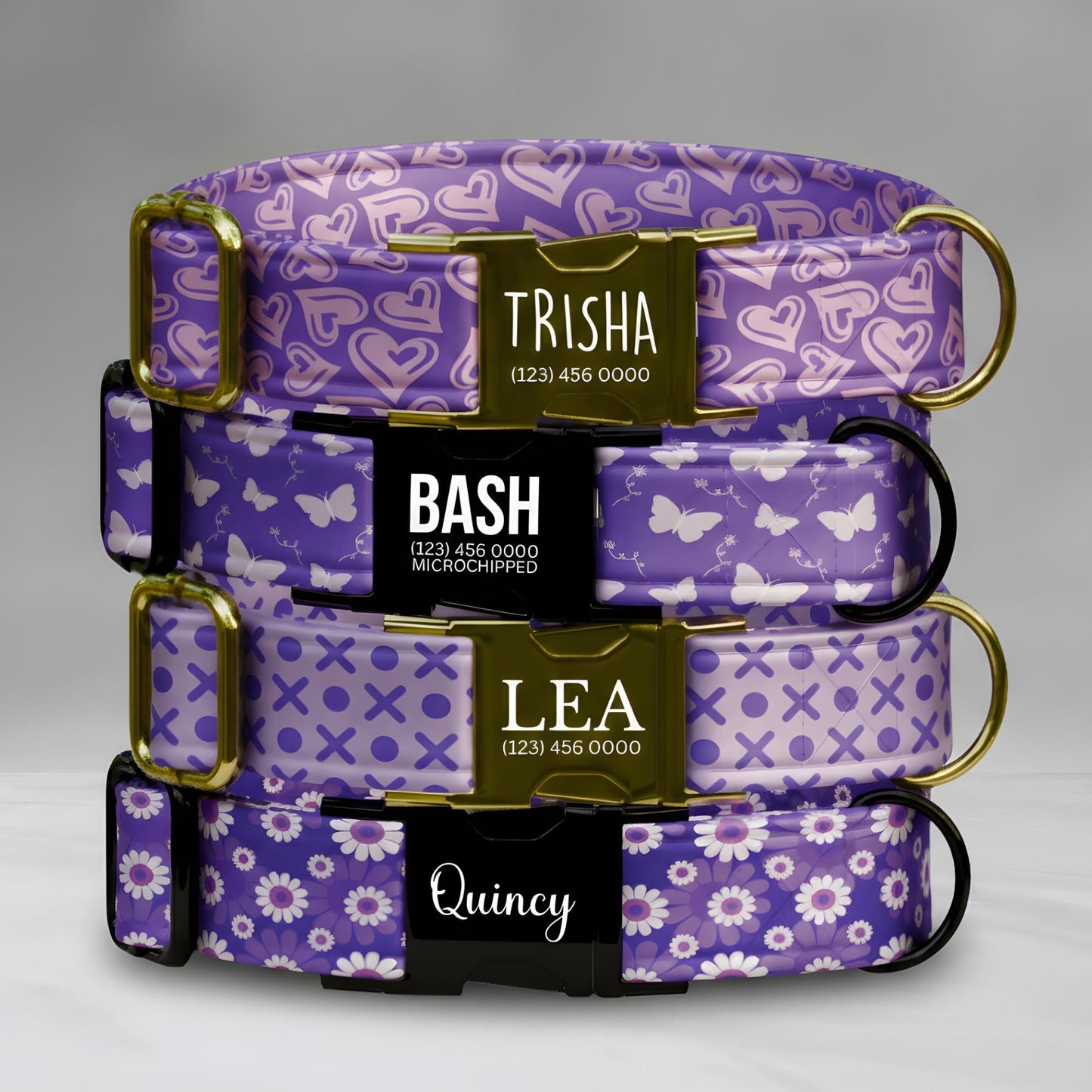 Purple Dog Collar, Hearts, Butterflies & Florals, Custom Metal Buckle (OG-419)