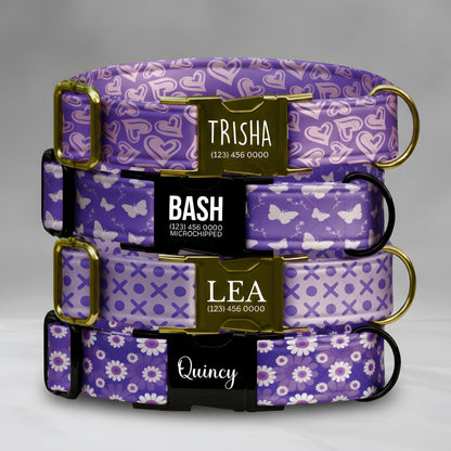 Purple Dog Collar, Hearts, Butterflies & Florals, Custom Metal Buckle (OG-419)
