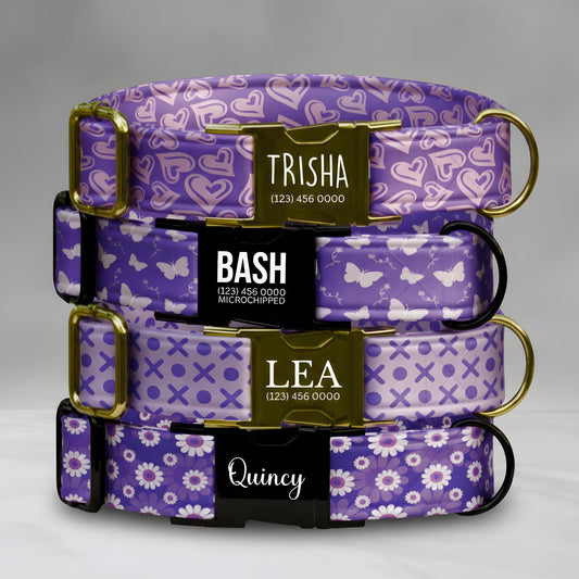 Purple Dog Collar, Hearts, Butterflies & Florals, Custom Metal Buckle (OG-419)