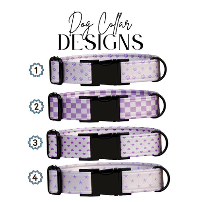 Lavender Dreams Personalized Dog Collar Custom Name Purple Paw, Gingham, Heart & Star Designs (OG-422)