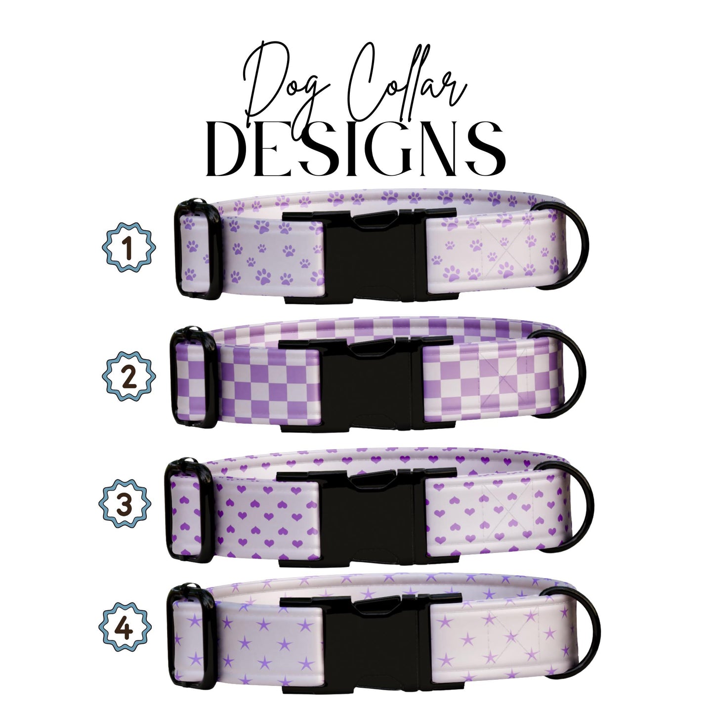 Lavender Dreams Personalized Dog Collar Custom Name Purple Paw, Gingham, Heart & Star Designs (OG-422)
