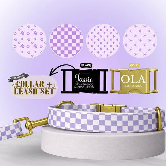 Lavender Dreams Personalized Dog Collar Custom Name Purple Paw, Gingham, Heart & Star Designs (OG-422)
