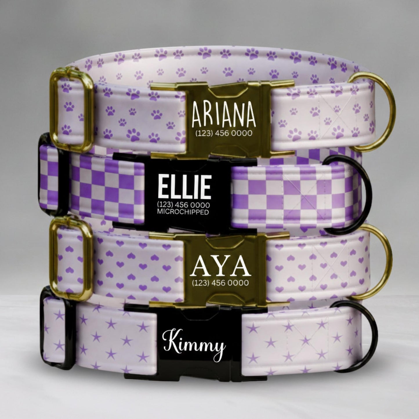 Lavender Dreams Personalized Dog Collar Custom Name Purple Paw, Gingham, Heart & Star Designs (OG-422)