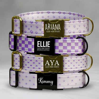 Lavender Dreams Personalized Dog Collar Custom Name Purple Paw, Gingham, Heart & Star Designs (OG-422)