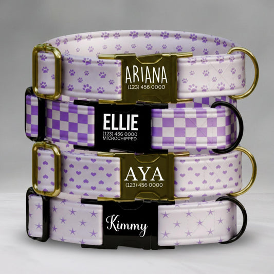 Lavender Dreams Personalized Dog Collar Custom Name Purple Paw, Gingham, Heart & Star Designs (OG-422)