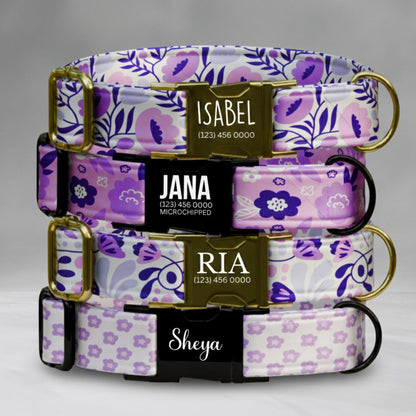 Purple Bloom Parade Personalized Dog Floral Adjustable Collar & Leash Set Stylish Custom Flower Pet Gift (OG-423)