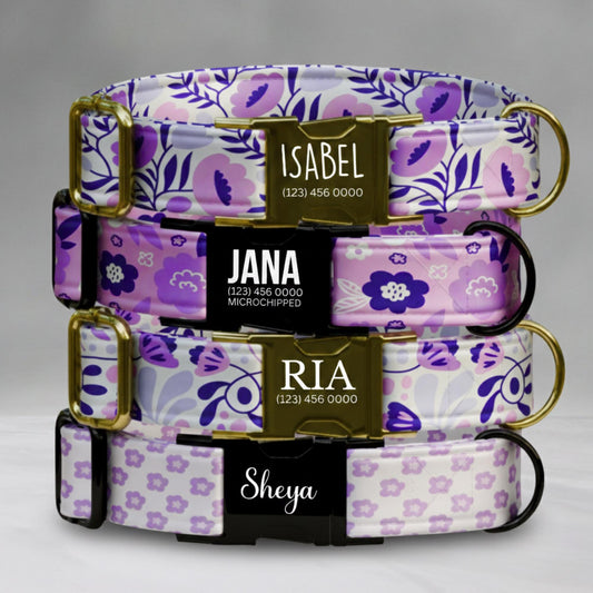 Purple Bloom Parade Personalized Dog Floral Adjustable Collar & Leash Set Stylish Custom Flower Pet Gift (OG-423)