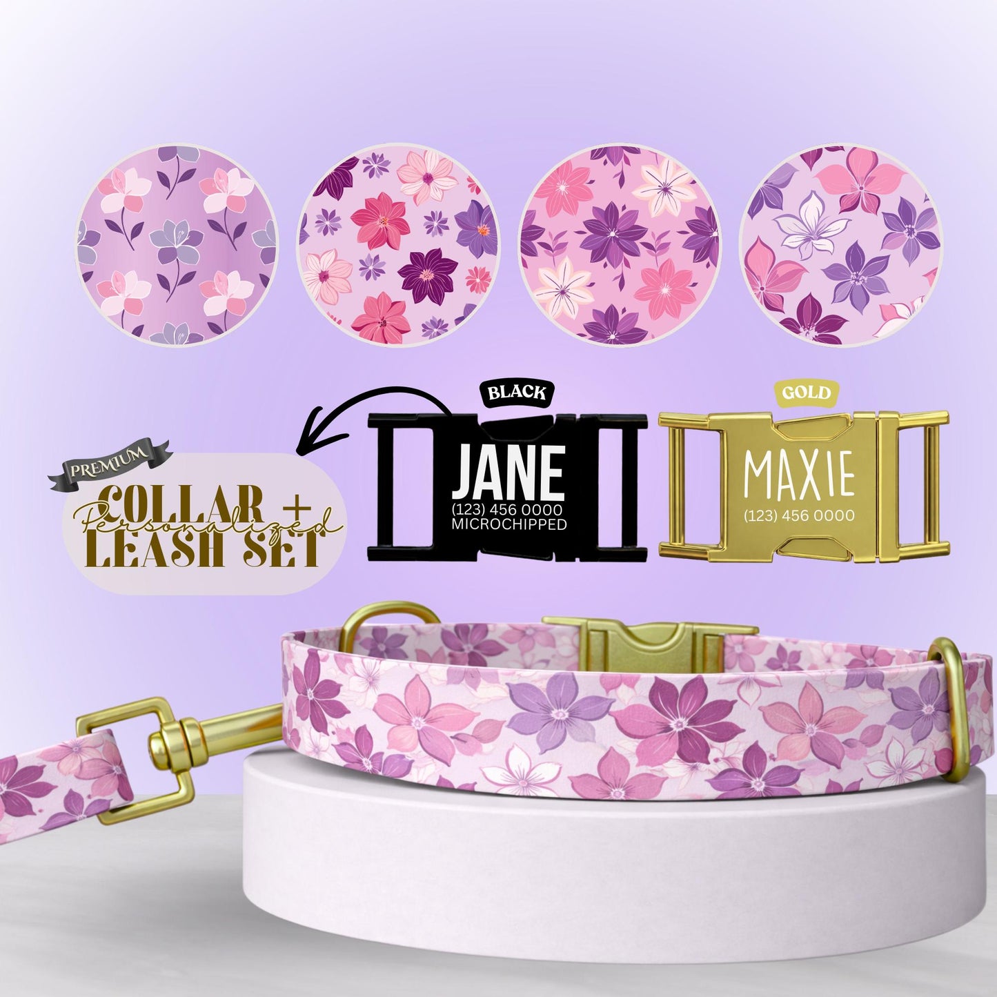 Purple Blossom Dreams Personalized Dog Collar and Leash Set Floral Lavender & Pink Design with Custom Name Gift (OG-424)
