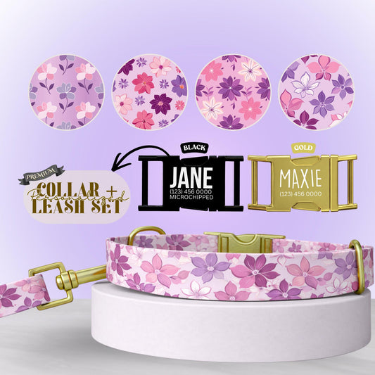 Purple Blossom Dreams Personalized Dog Collar and Leash Set Floral Lavender & Pink Design with Custom Name Gift (OG-424)