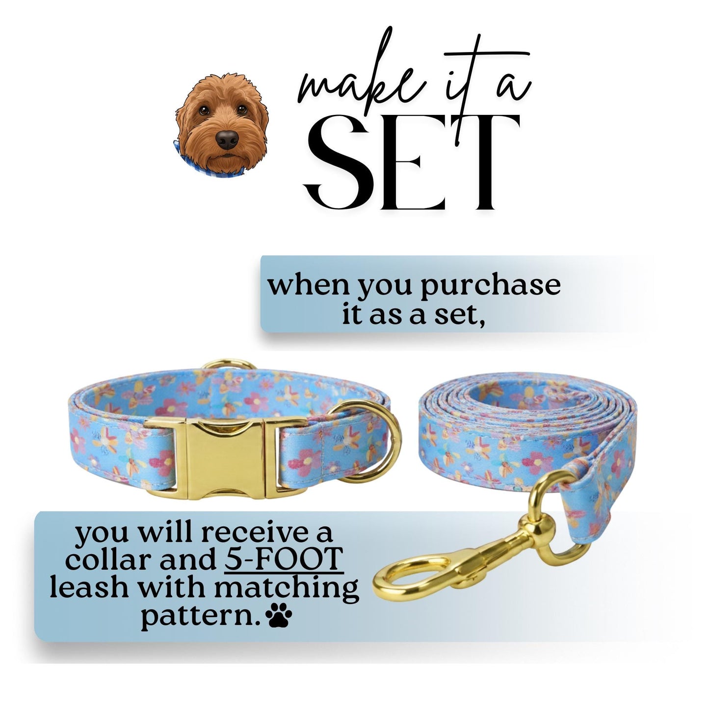 Pastel Bloom Garden Dog Collar  Floral Blue Personalized Collar with Metal Buckle (OG-427)