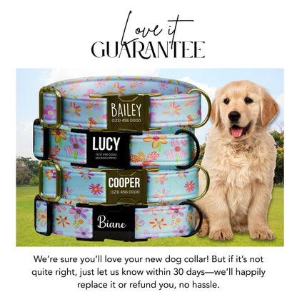 Pastel Bloom Garden Dog Collar  Floral Blue Personalized Collar with Metal Buckle (OG-427)