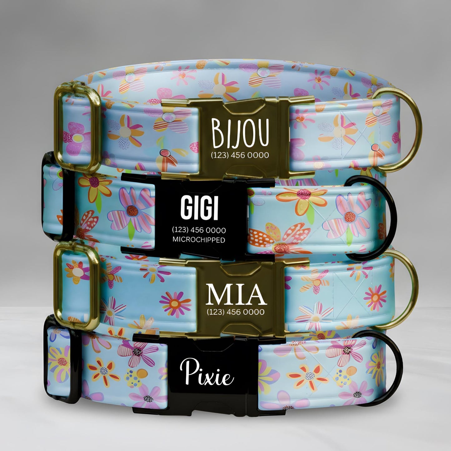 Pastel Bloom Garden Dog Collar  Floral Blue Personalized Collar with Metal Buckle (OG-427)