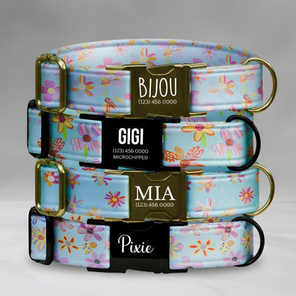 Pastel Bloom Garden Dog Collar  Floral Blue Personalized Collar with Metal Buckle (OG-427)
