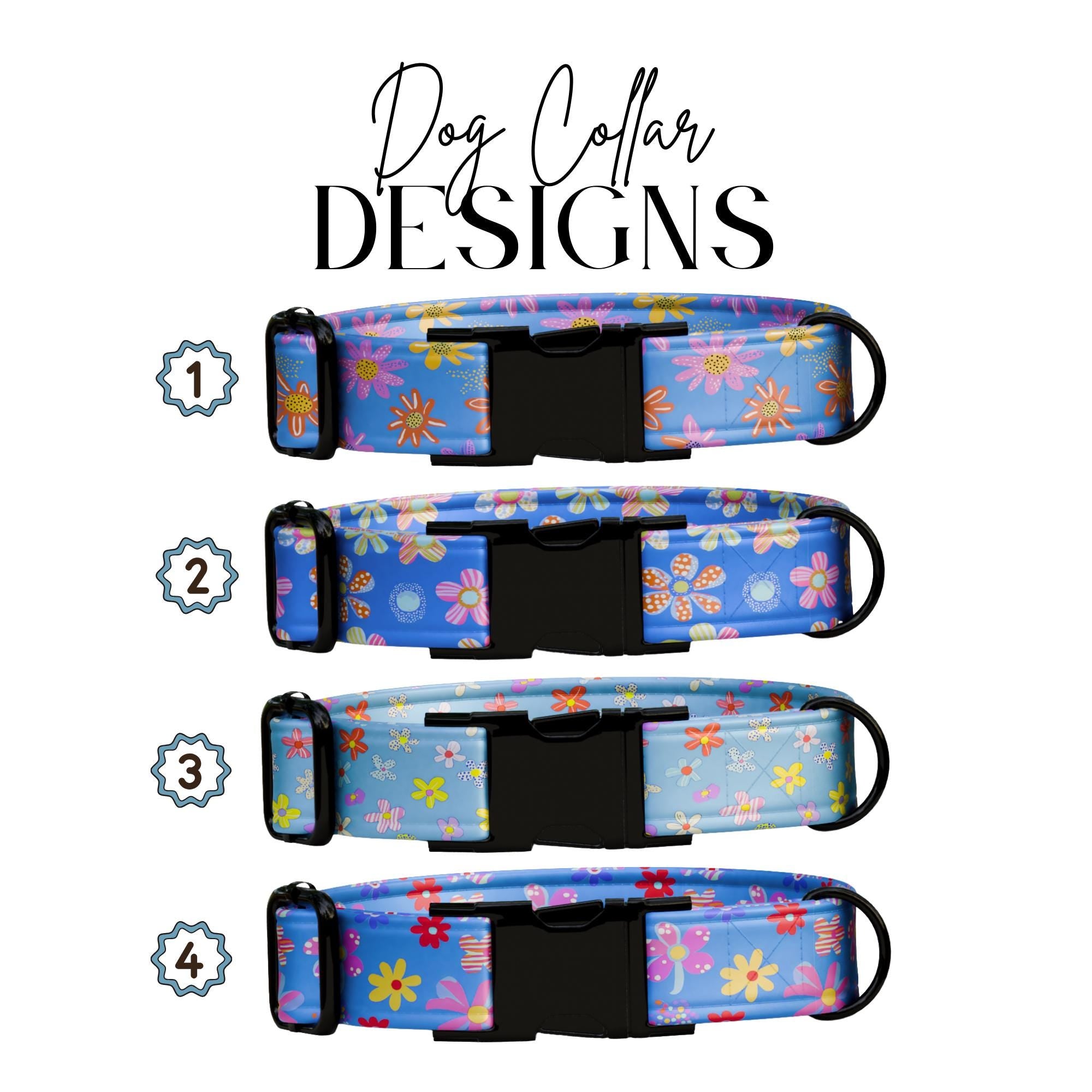 Blue Bloom Garden Dog Collar - Bright Floral Personalized Dog Tag with Metal Buckle Gift for Dogs (OG-428)