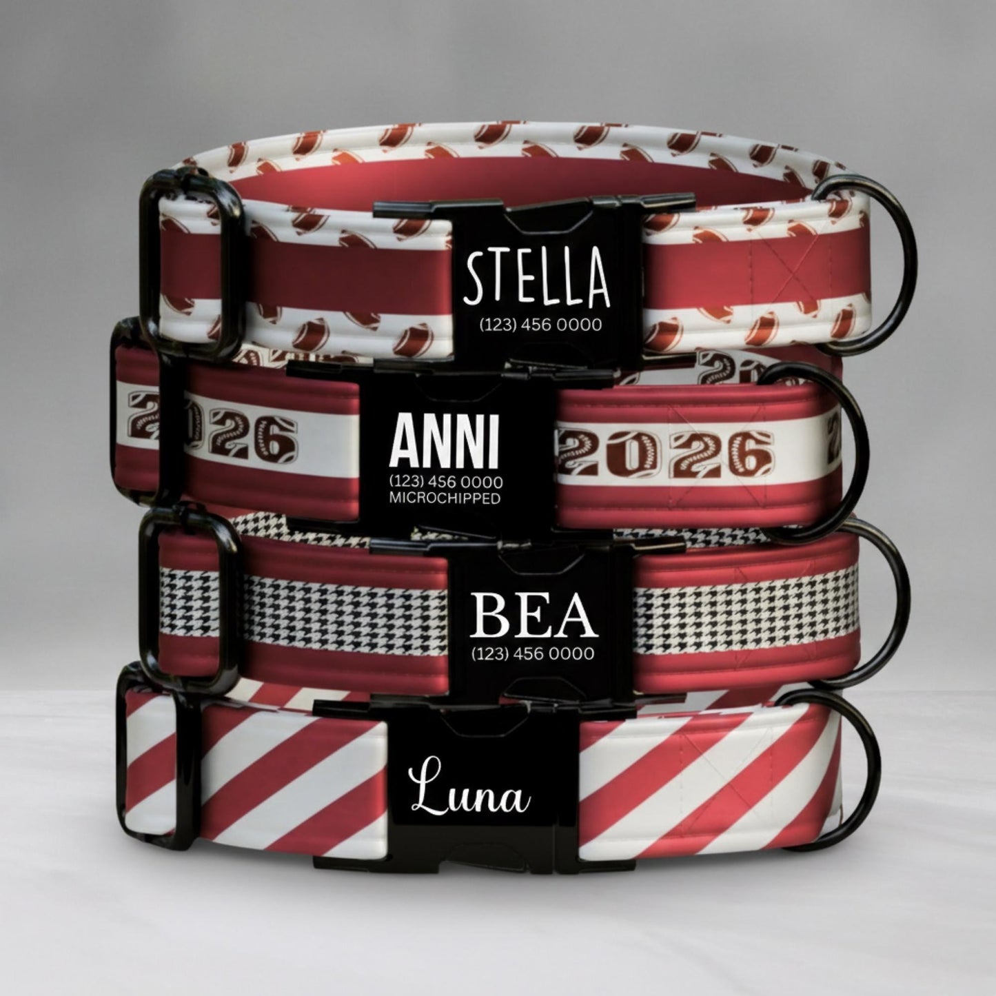 Crimson Red & White  Personalized Football Game Day Collar  Custom Engraved Name  Saturday Series (OG-436)