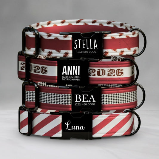 Crimson Red & White  Personalized Football Game Day Collar  Custom Engraved Name  Saturday Series (OG-436)