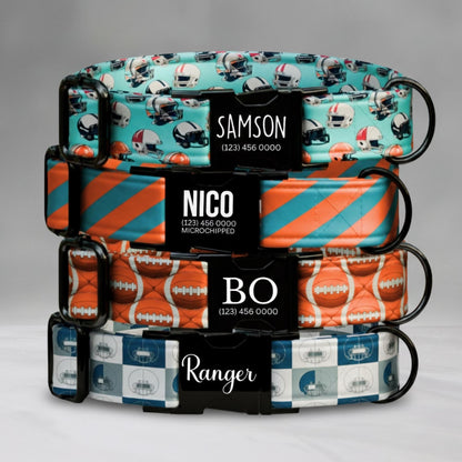 All-Star Game Day Dog Collar  Personalized Football Vibes Aqua & Orange Pup Sunday Funday Football Dog Collar (OG-441)