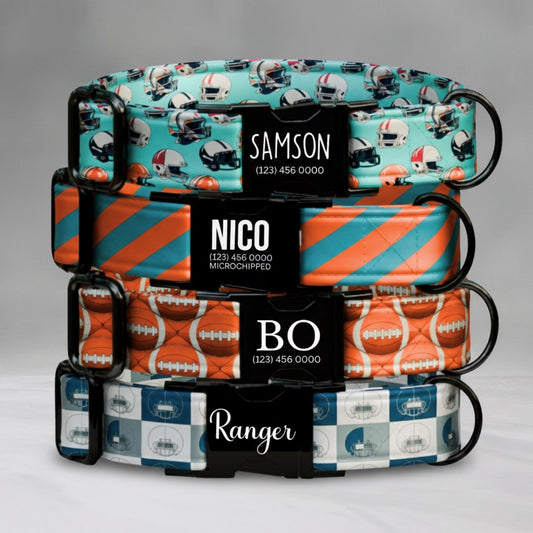 All-Star Game Day Dog Collar  Personalized Football Vibes Aqua & Orange Pup Sunday Funday Football Dog Collar (OG-441)