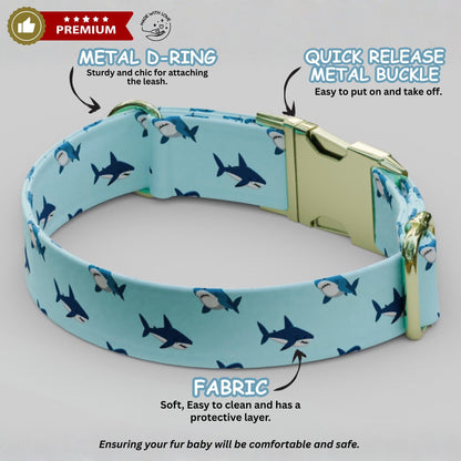 Shark Print Dog Collar with Leash: USA Handmade, Personalized Metal Buckle Ocean-Loving Pups (OG-452)