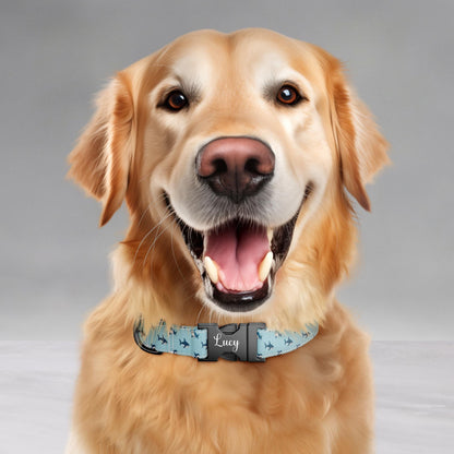 Shark Print Dog Collar with Leash: USA Handmade, Personalized Metal Buckle Ocean-Loving Pups (OG-452)