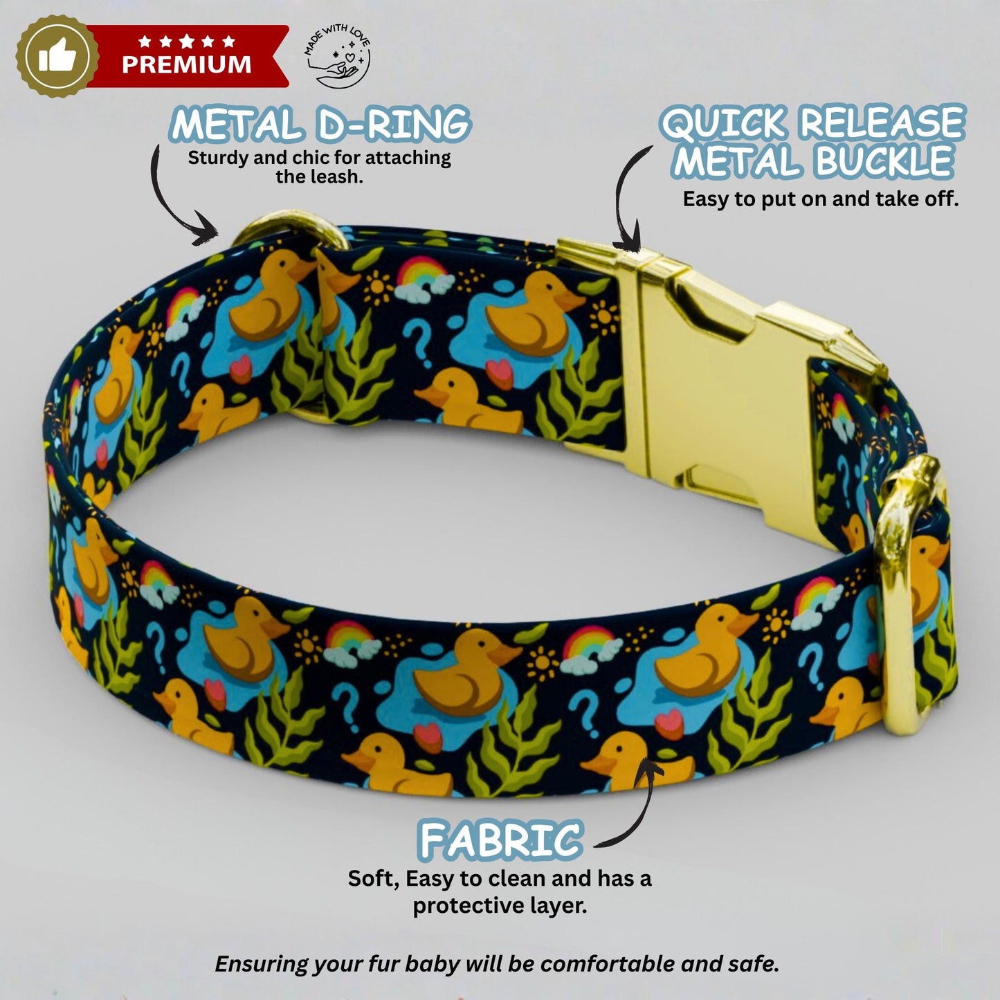 Rubber Ducky Dog Collar with Leash: Playful Kids Theme, Adjustable, Handmade (OG-453)