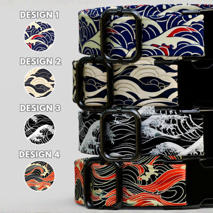 Personalized Japanese Wave Dog Collar with Leash: Floral Metal Buckle (OG-455)