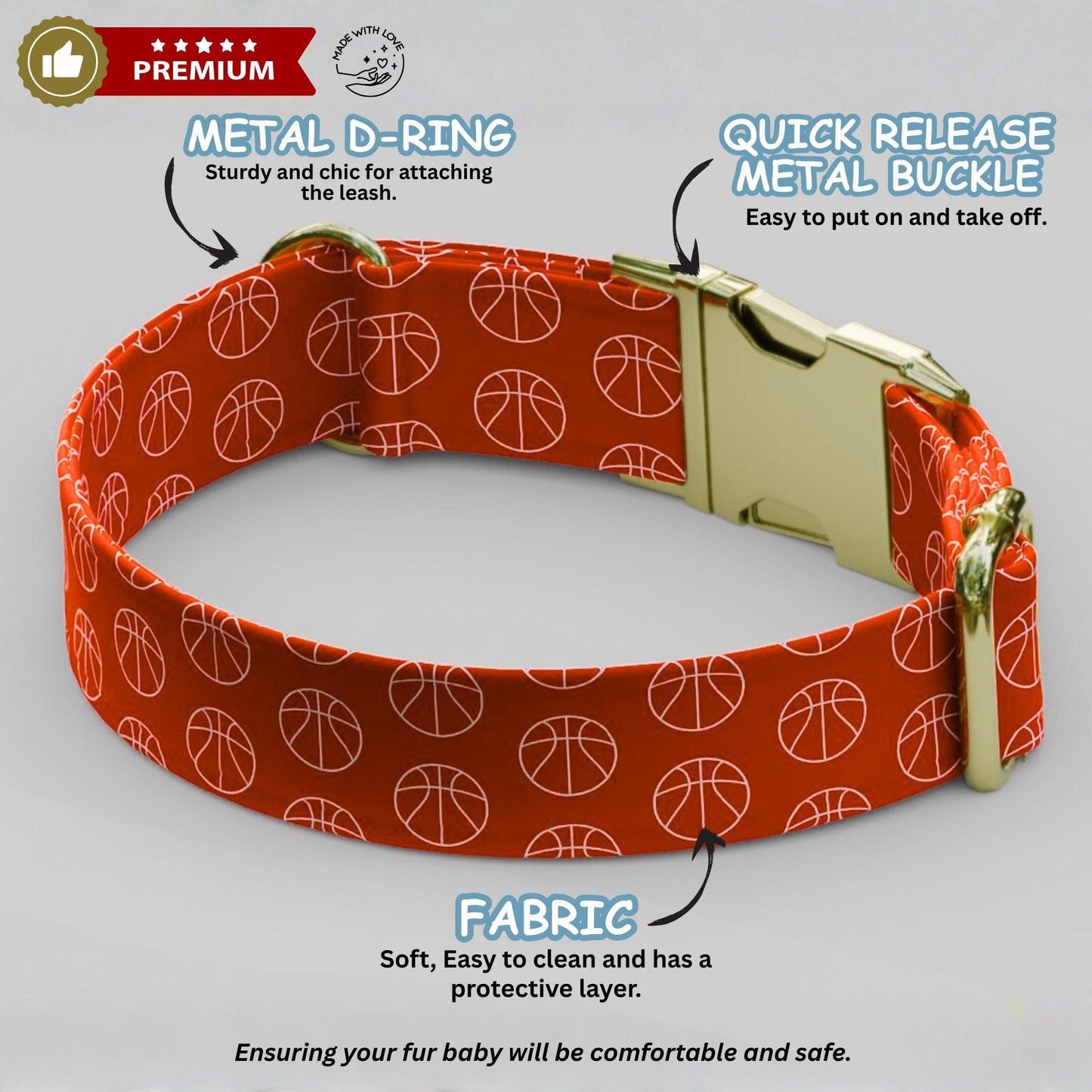 Basketball Print Dog Collar, Personalized Sports Theme- USA Handmade with matching LEASH, Custom Gift Ready (OG-458)