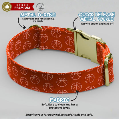 Basketball Print Dog Collar, Personalized Sports Theme- USA Handmade with matching LEASH, Custom Gift Ready (OG-458)