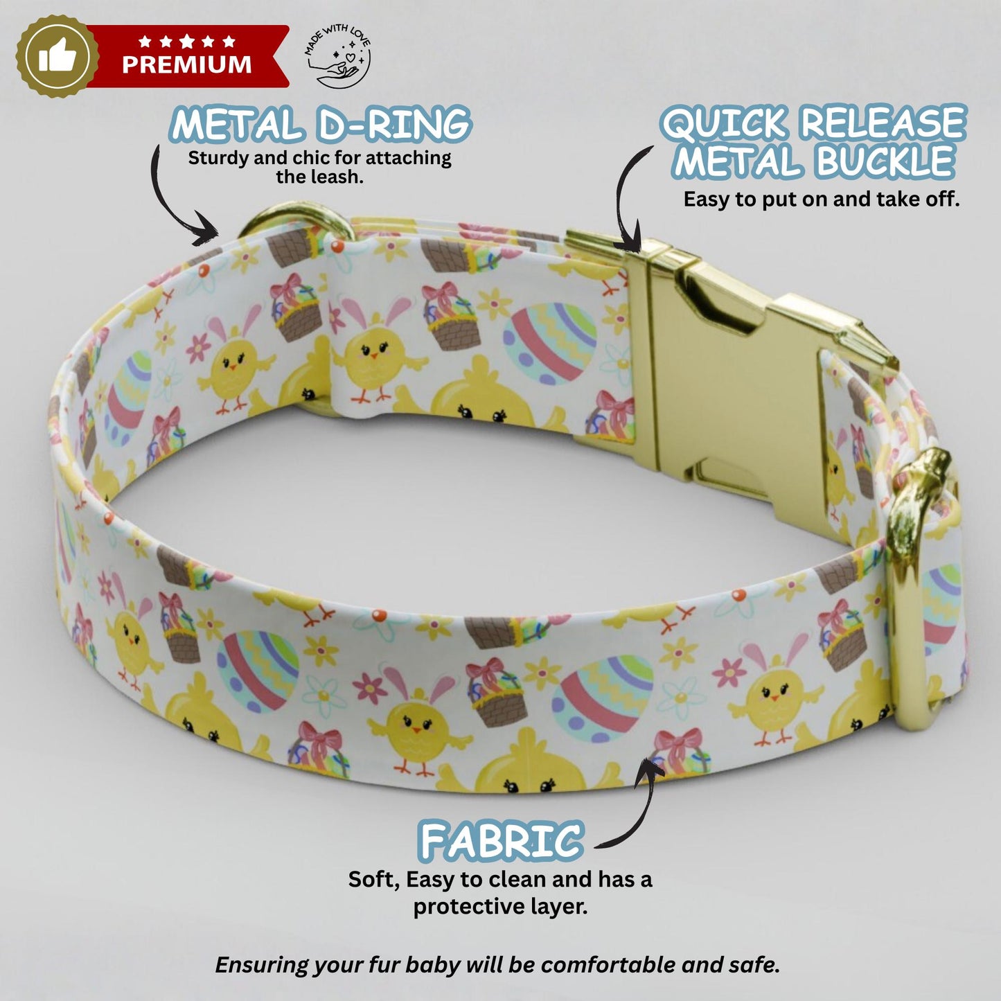 Easter Bunny Personalized Dog Collar Custom Name Pastel Spring Collar Chick & Egg Print Puppy Collar Girl Dog Gift (OG-465)