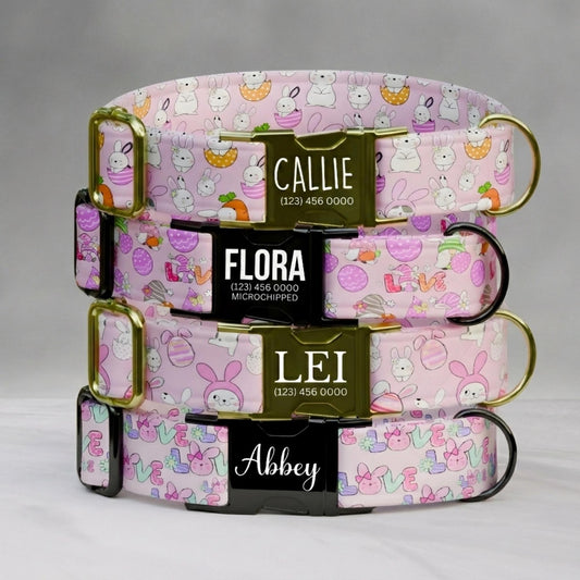 Pink Easter Bunny Personalized Dog Collar Custom Name Spring Puppy Collar Girl Dog Easter Gift (OG-466)