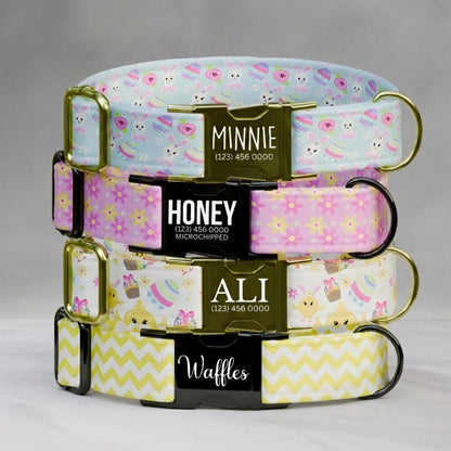Easter Bunny Personalized Dog Collar Custom Name Pastel Spring Collar Chick & Egg Print Puppy Collar Girl Dog Gift (OG-465)