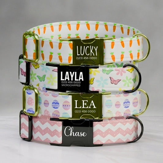 Personalized Easter Eggs Dog Collar, Hoppy Colors - USA Handmade with matching LEASH, Gift Ready (OG-462)