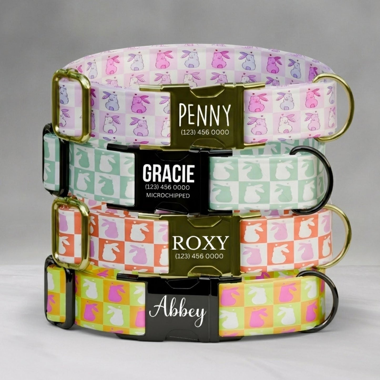 Personalized Bunny Hoppy Chic Dog Collar, Easter Colors - USA Handmade with matching LEASH, Gift Ready (OG-460)