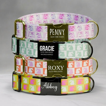 Personalized Bunny Hoppy Chic Dog Collar, Easter Colors - USA Handmade with matching LEASH, Gift Ready (OG-460)