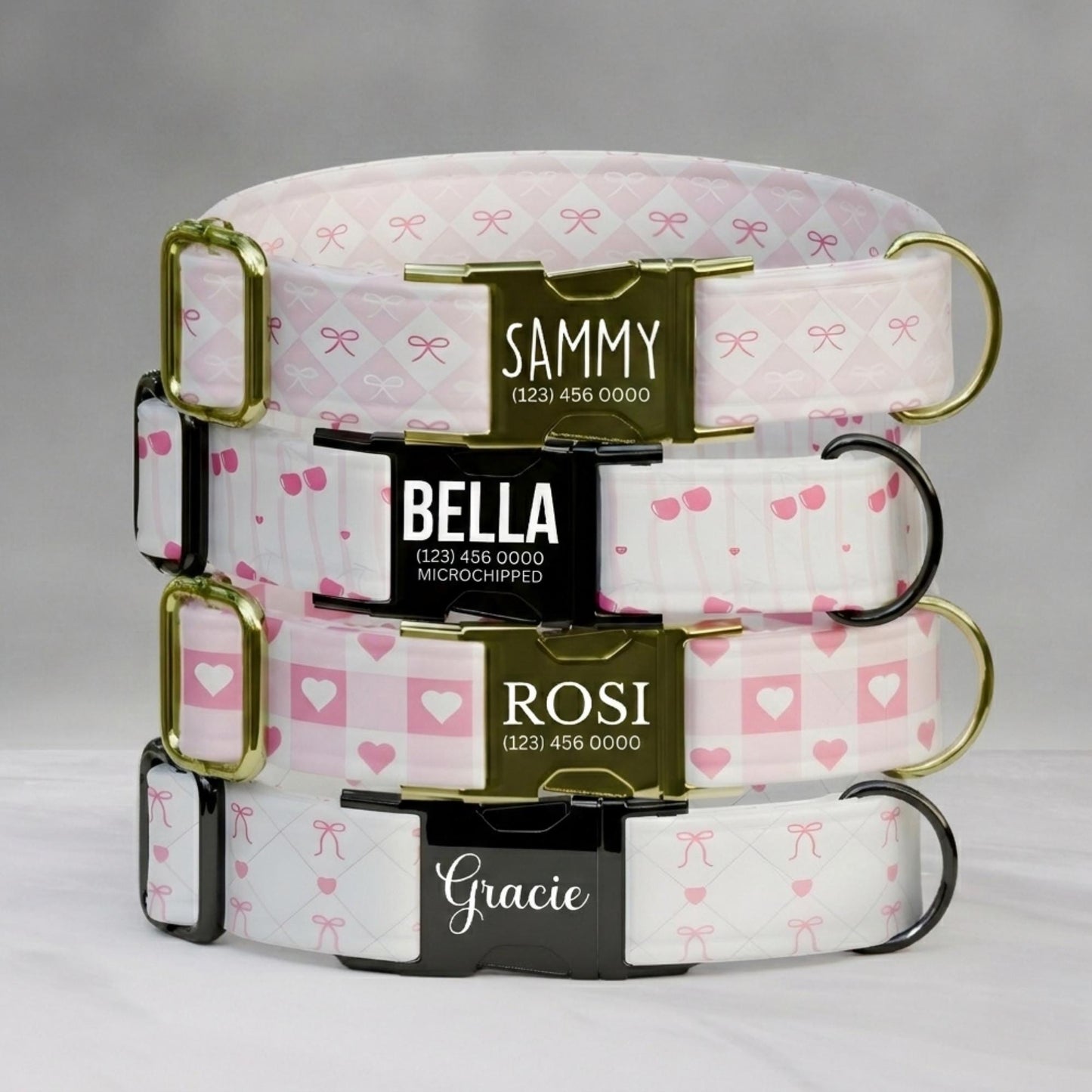 Personalized Pink Bow Dog Collar Princess Heart Puppy Collar Custom Name & Number ID Collar Girly Coquette Dog Gift (OG-459)