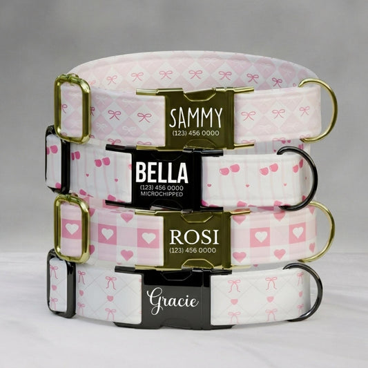 Personalized Pink Bow Dog Collar Princess Heart Puppy Collar Custom Name & Number ID Collar Girly Coquette Dog Gift (OG-459)