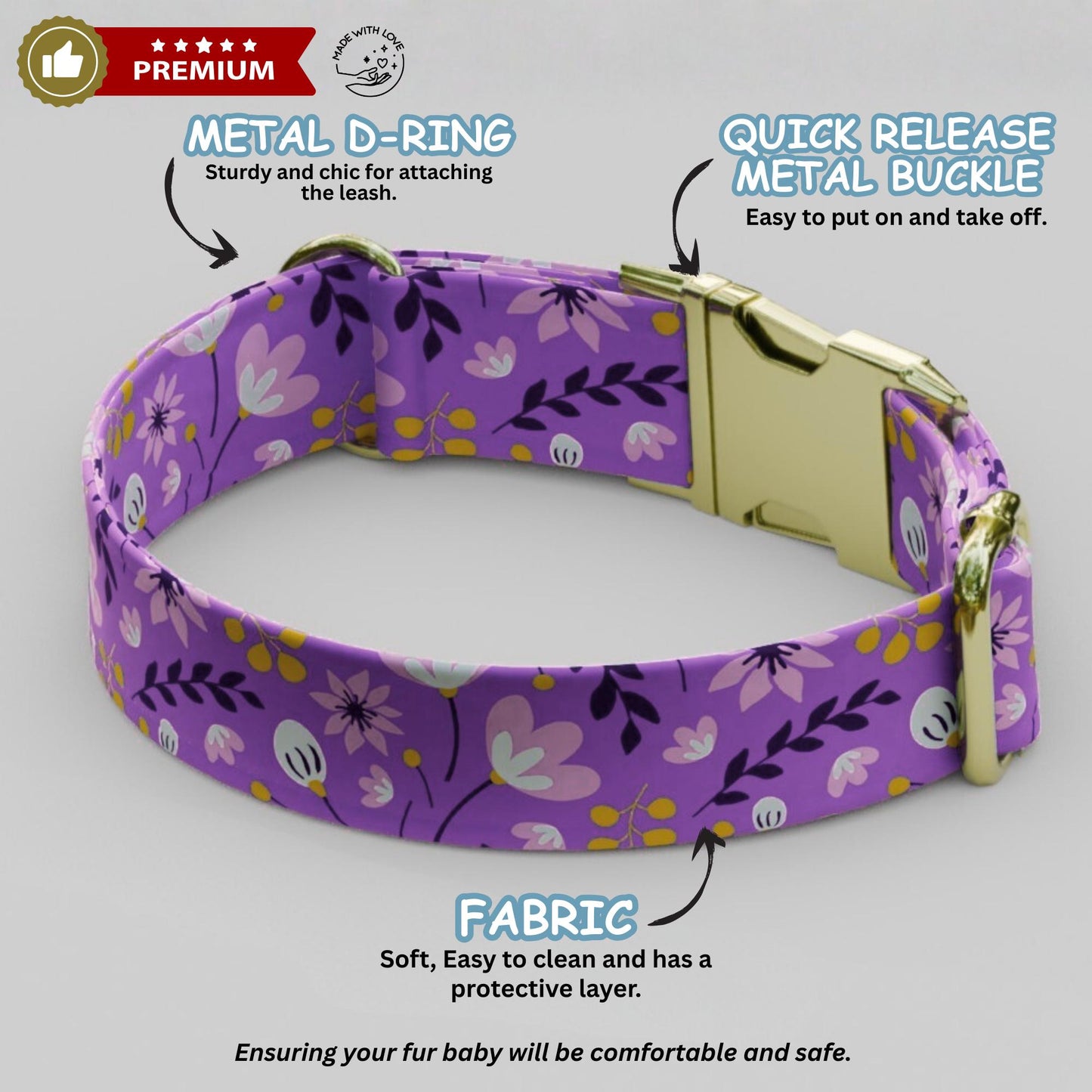 Purple Floral Personalized Wildflower Dog Collar Custom Spring Flower ID Tag For Puppies (OG-476)