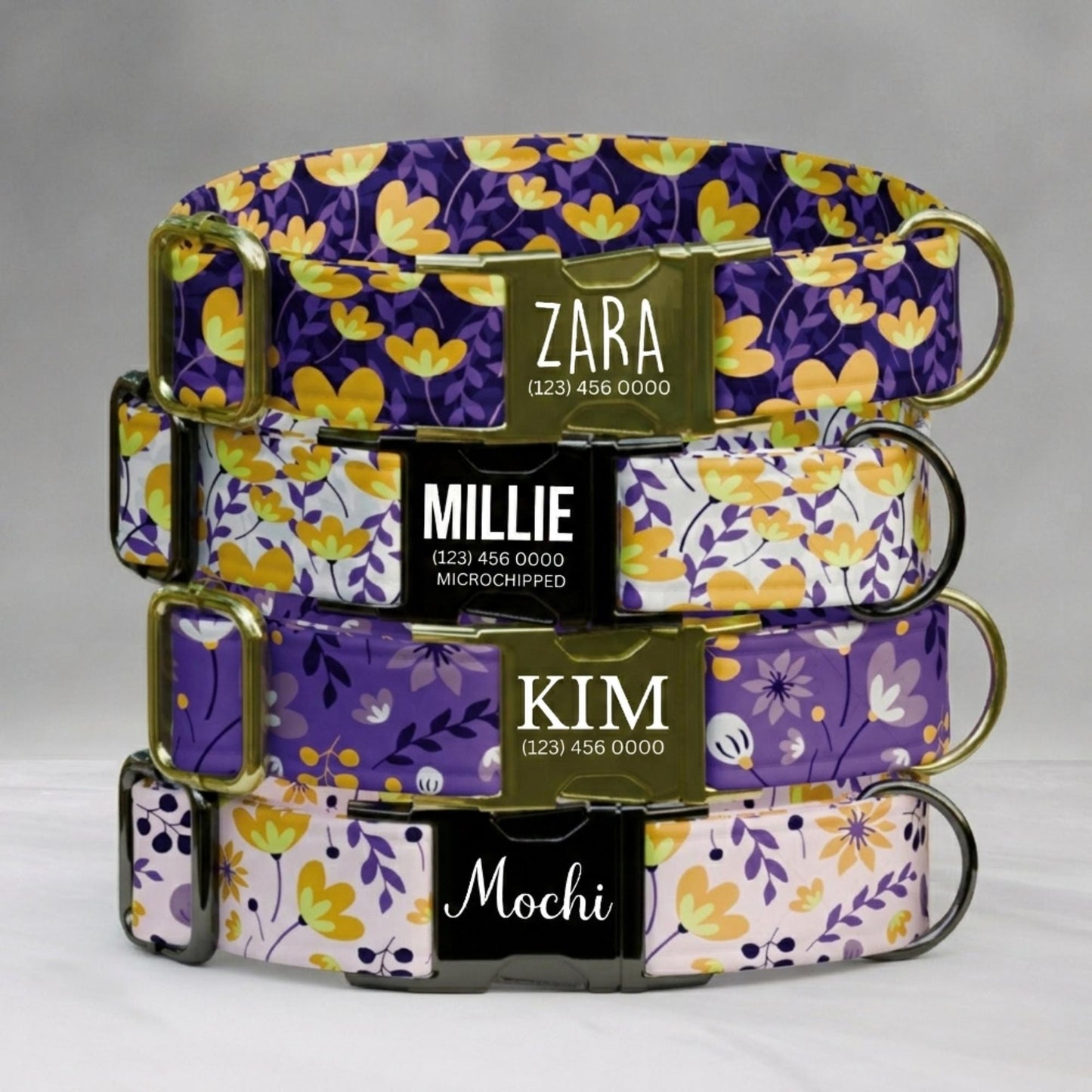 Purple Floral Personalized Wildflower Dog Collar Custom Spring Flower ID Tag For Puppies (OG-476)