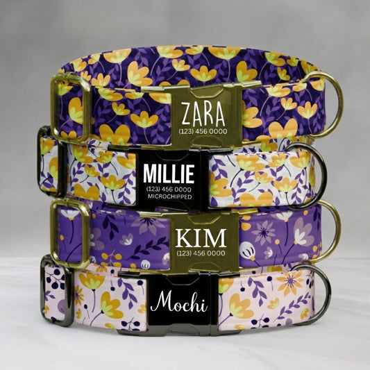 Purple Floral Personalized Wildflower Dog Collar Custom Spring Flower ID Tag For Puppies (OG-476)