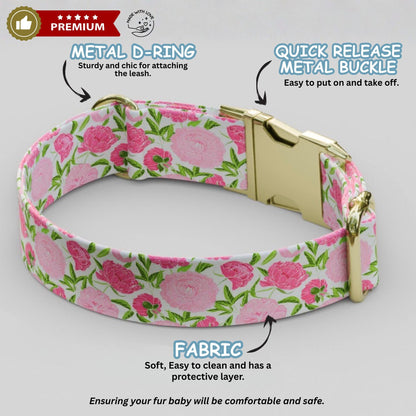 Pretty Pink Floral Personalized Dog Collar & Leash Set  Custom Flower Pet ID Gift (OG-481)