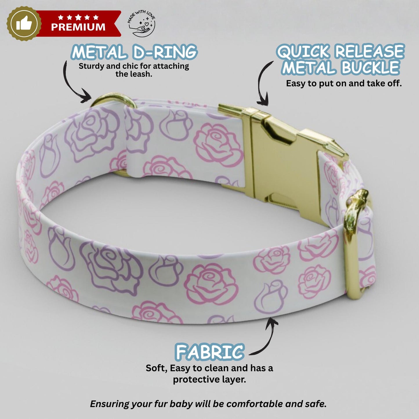 Rose Floral Personalized Dog Collar & Leash Set Custom Girl Pet Gift (OG-484)