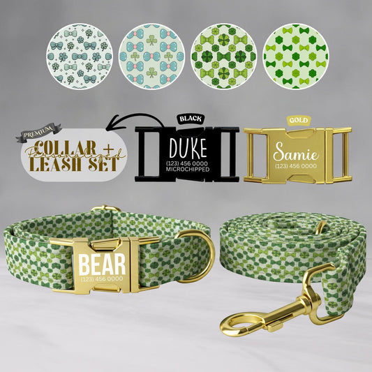 Lucky Charm Bow & Clover Personalized Dog Collar  St. Pawtricks Day Pet ID (OG-431)