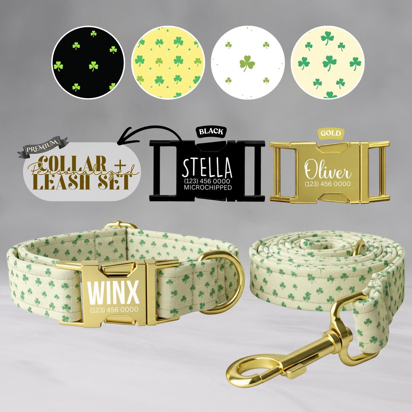 Lucky Clover Personalized Dog Collar  St. Patricks Day Shamrock Design Pet Gift (OG-432)