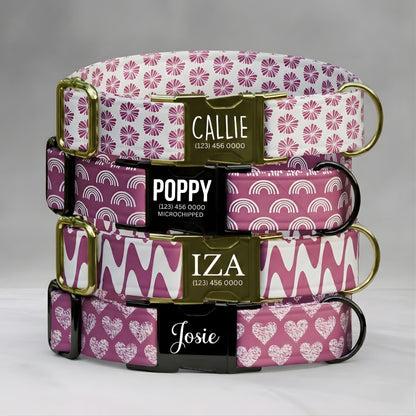 Pink Dog Collar Custom Name Engraved Buckle Floral Heart Rainbow Girl Dog Gift (OG-486)