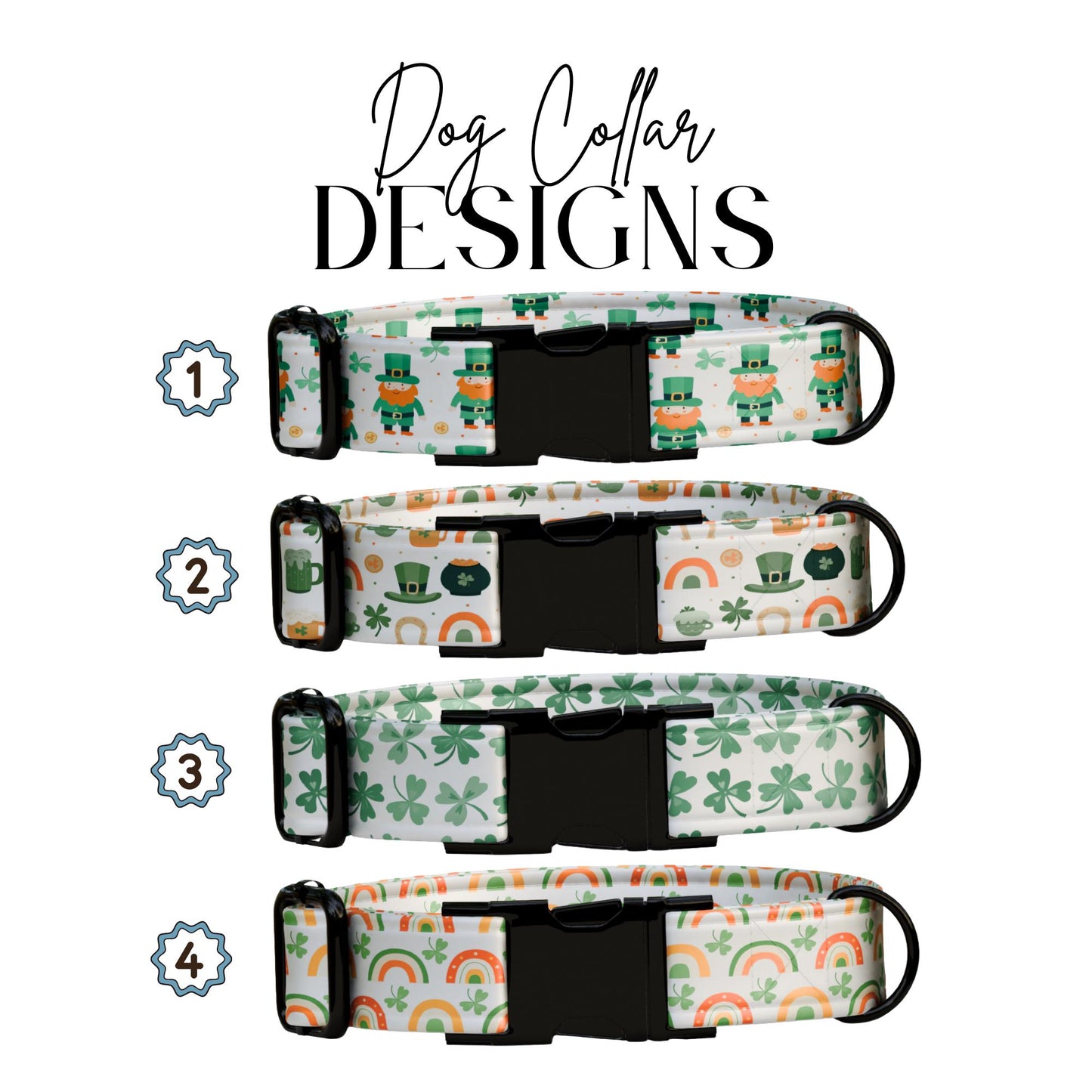 Lucky Pup Personalized Dog Collar  St. Patricks Day Shamrocks, Leprechauns & Rainbows Collar (OG-433)